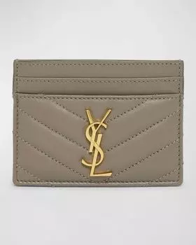 Чехол для визиток YSL Monogram из стеганой гладкой кожи Saint Laurent, цвет Greyish Brown