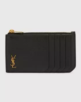 Чехол для визиток YSL Tiny Monogram из гладкой кожи на молнии Saint Laurent, цвет Black