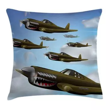 Чехол на подушку ABAKUHAUS Airplane, Самолеты в воздухе, моющийся, с застежкой-молнией. Чехол на подушку с цветостойкой прозрачной цветной двусторонней печатью, 40 x 40 см, Зеленый Серый Синий