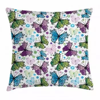 Чехол на подушку ABAKUHAUS Butterfly, Wings Hearts and Dots, подходит для использования в помещении или на открытом воздухе, с застежкой-молнией, моющаяся ткань, 50 x 50 см, разноцветный