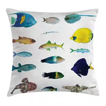 Чехол на подушку ABAKUHAUS Fish, Marine Life Creatures, цифровая печать, водостойкий, цветостойкий, с застежкой-молнией и моющимся чехлом, 50 x 50 см, разноцветный