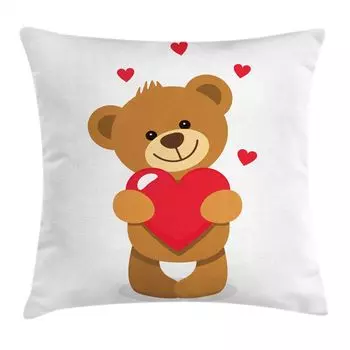 Чехол на подушку ABAKUHAUS Funny Bear, сердце ко Дню святого Валентина, подходит для использования в помещении или на открытом воздухе, с молнией, моющаяся ткань, 45 x 45 см, янтарный, темно-коралловый и белый