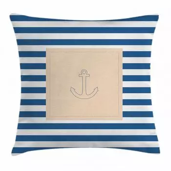 Чехол на подушку ABAKUHAUS Harbour Stripe, Maritime Anchor, из устойчивой к цвету, моющейся ткани, двусторонний принт с прочной застежкой-молнией, 45 x 45 см, фиолетово-синий, персиково-белый.