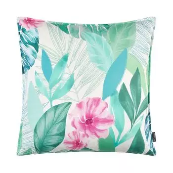 Чехол на подушку «Лондон», принт тропических листьев и цветов по всей поверхности, зеленый/розовый, размер: 40 x 40 см, наполнитель подушки: полиэстер Proflax