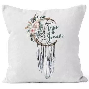 Чехол на подушку Ловец снов Ловец снов Следуй за своими мечтами с надписью цветы перья с надписью Чехол на подушку в стиле бохо декоративная подушка Autiga белый униразмер