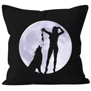 Чехол на подушку Moon Moon Wolf с женщиной, забавная рубашка, чехол для подушки, декоративная подушка, хлопок MoonWorks, черный, 40 см x 40 см