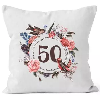 Чехол на подушку на день рождения 50, подарок на пятьдесят пятьдесят, подушка с цветами, венок, бордюрная подушка MoonWorks, белый, унисейз