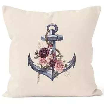 Чехол на подушку якорные цветы акварельные цветы якорь акварельная наволочка декоративная подушка хлопок Autiga натуральный унисейз