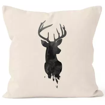 Чехол на подушку с рогами оленя, голова оленя, акварель, многоугольник, животное, хлопок, квадрат, Autiga, натуральный, унисейз