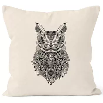 Чехол на подушку сова Atzeken узор этнический Boho Bohamian Atzec Owl 40x40 Autiga натуральный 40см x 40см