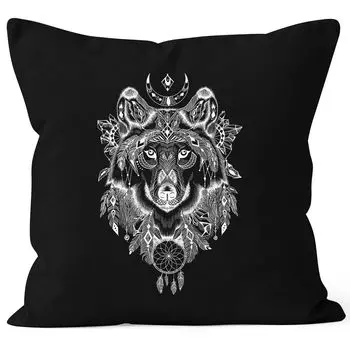 Чехол на подушку волк ловец снов Atzeken узор Boho Bohamian Atzec Ethno Autiga черный 40см x 40см