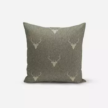 Чехол на подушку жаккардовый голова оленя рога зеленый бежевый от SCHNER LEBEN. Размер 70х70см (ВхШ) Размер 70х70см (ВхШ) Schner-Leben