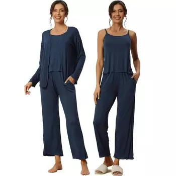 Cheibear Женская одежда для сна из 3 предметов, однотонные топы с длинными рукавами, майка и брюки, пижамный комплект, синий