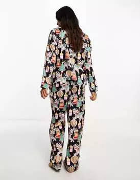 Chelsea Peers Рождественский атласный пижамный комплект с длинными рукавами и брюками с разноцветным принтом