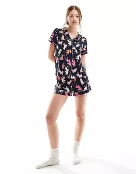 Chelsea Peers темно-синяя пижама из полиэстера с леопардовым принтом, топ на пуговицах с короткими рукавами и шорты