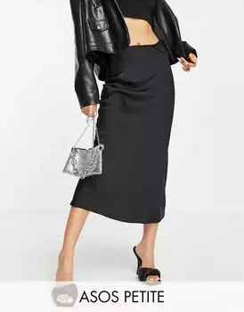 Черная асимметричная атласная юбка-комбинация миди ASOS Petite