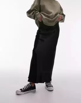 Черная асимметричная атласная юбка миди Topshop