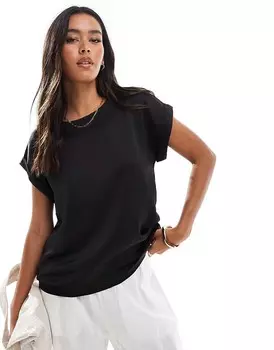 Черная атласная футболка с отворотами спереди Vila