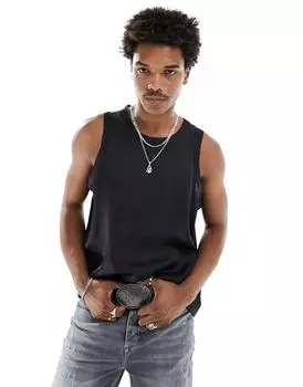 Черная атласная футболка свободного кроя без рукавов ASOS