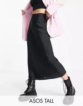 Черная атласная косая юбка миди ASOS DESIGN Tall