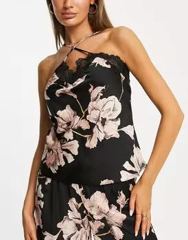 Черная атласная майка с кружевной отделкой Hunkemoller