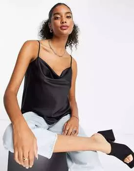Черная атласная майка с воротником-хомутом River Island