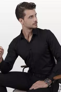 Черная атласная приталенная мужская рубашка в подарочной упаковке Etikmen, черный