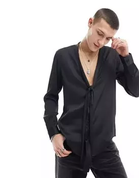 Черная атласная рубашка ASOS с глубоким шалевым воротником и завязкой на вырезе