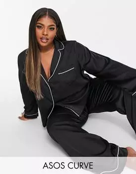 Черная атласная рубашка с длинным рукавом и брюки ASOS DESIGN Curve