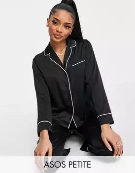 Черная атласная рубашка с длинными рукавами и брюки ASOS DESIGN Petite