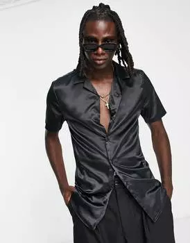 Черная атласная рубашка скинни ASOS DESIGN