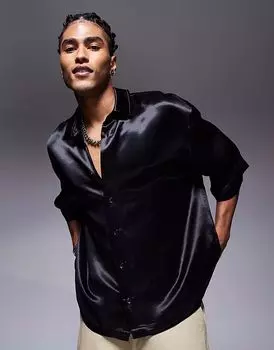 Черная атласная рубашка свободного кроя с короткими рукавами ASOS DESIGN