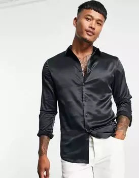 Черная атласная рубашка узкого кроя ASOS