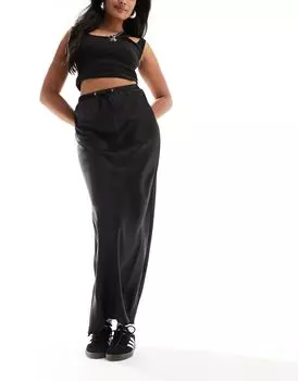 Черная атласная юбка макси косого кроя с завязкой на талии ASOS