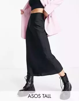 Черная атласная юбка миди косого кроя ASOS Tall