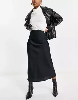 Черная атласная юбка миди косого кроя ASOS