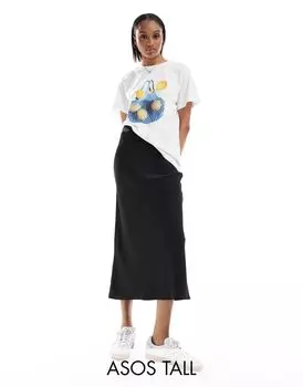 Черная атласная юбка миди косой косой ASOS DESIGN Tall