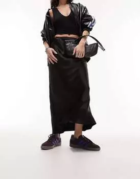 Черная атласная юбка миди по косой по диагонали Topshop