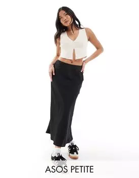 Черная атласная юбка миди со смещением ASOS DESIGN Petite