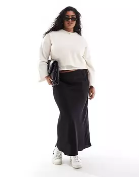 Черная атласная юбка миди со смещением ASOS DESIGN Curve