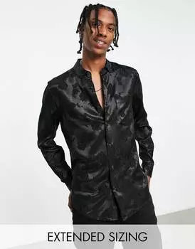 Черная атласная жаккардовая рубашка стандартного размера с розами ASOS DESIGN