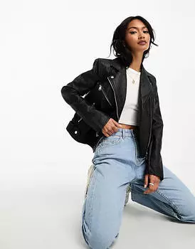 Черная байкерская куртка из искусственной кожи River Island