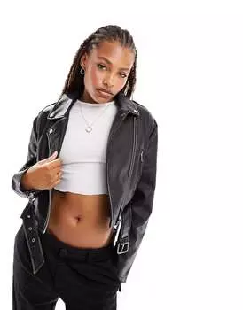 Черная байкерская куртка из искусственной кожи с потертостями Pimkie