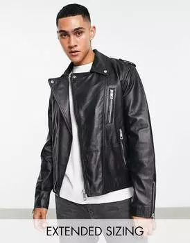 Черная байкерская куртка из натуральной кожи ASOS DESIGN