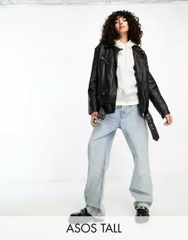 Черная байкерская куртка премиум-класса из натуральной кожи ASOS Tall