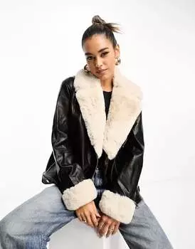 Черная байкерская куртка River Island с контрастной отделкой из искусственного меха