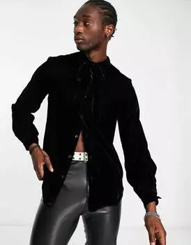 Черная бархатная рубашка с галстуком-бабочкой ASOS DESIGN