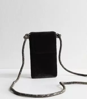 Черная бархатная сумка для телефона с ремешком из страз New Look, черный