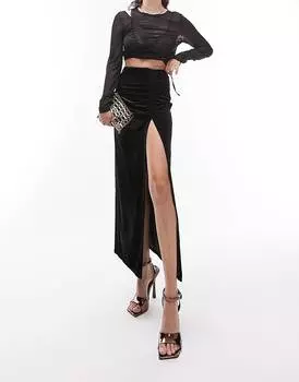 Черная бархатная юбка миди со сборками Topshop