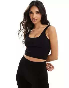 Черная бесшовная майка в рубчик с квадратным вырезом ASOS Icon